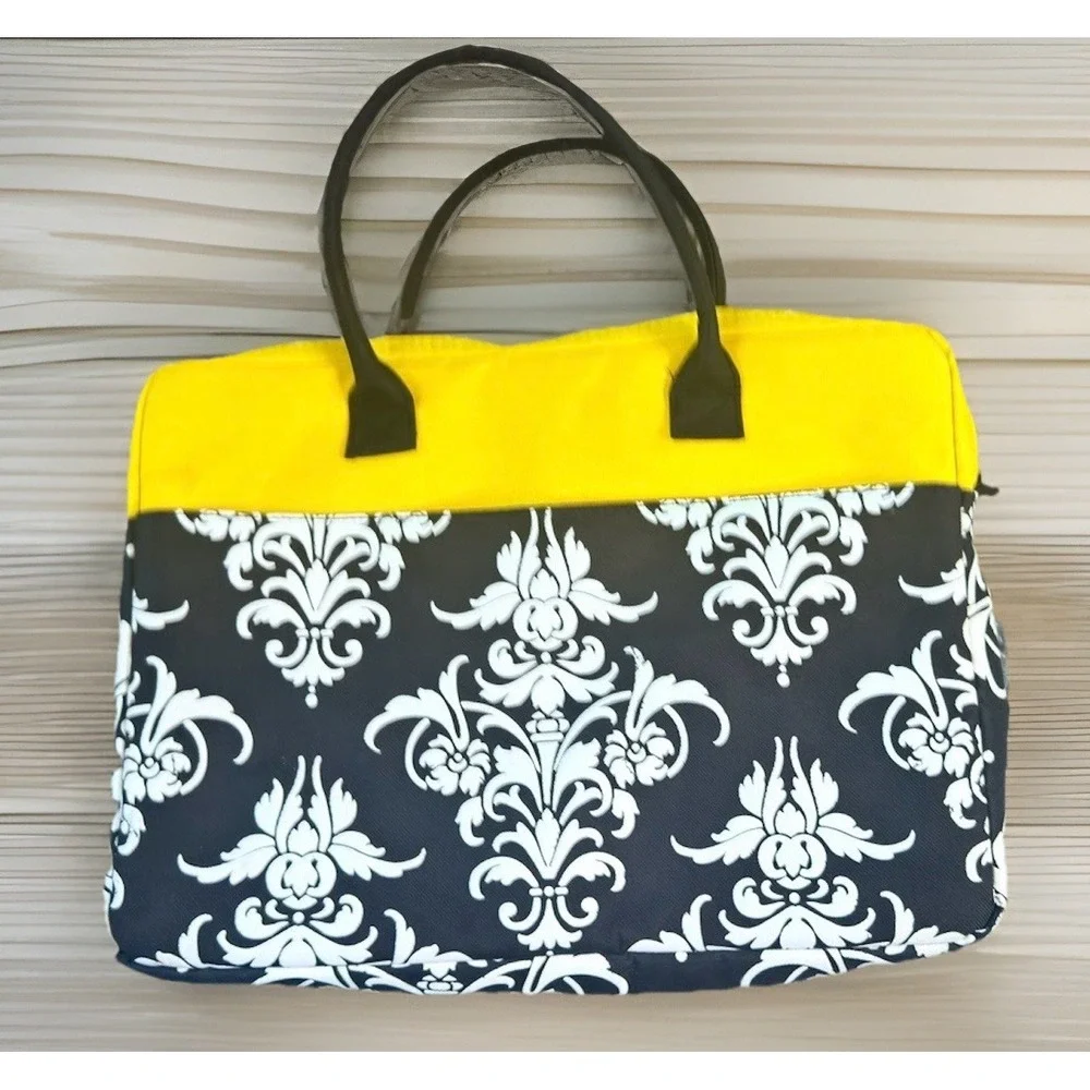Jackie Jacqueline Savage Damask Laptop Bag Yellow Black Retro Tech Tote